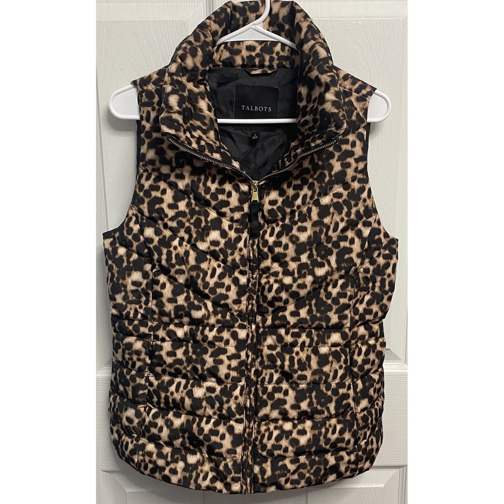 Talbots Womens Leopard Print 80% Down Puffer Vest Water Res. Black&Brown NWT-S